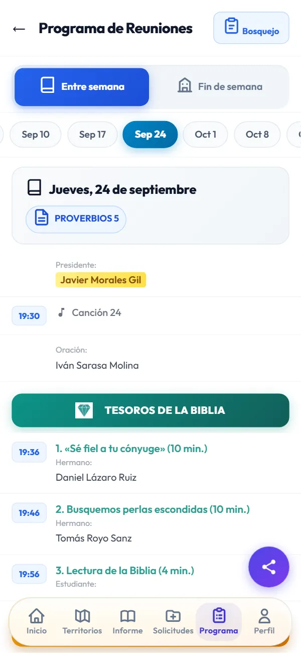 Pantalla de Reunión entre semana en Mycongre